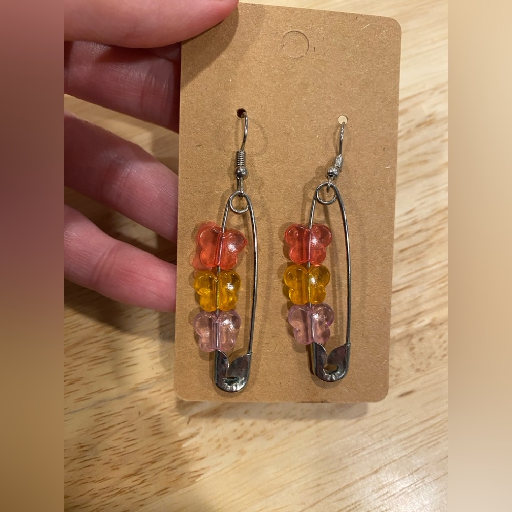 3/$10 Butterfly beads on a safety pin earrings
